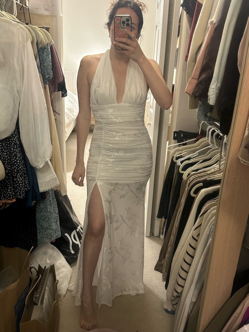 White Halter Slit Maxi Dress